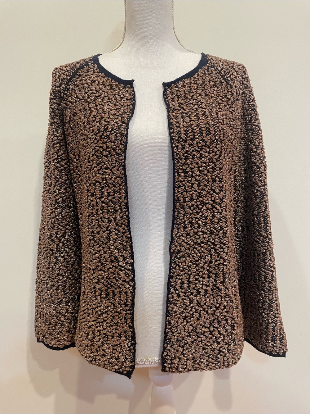 Dries Van Noten Metallic Bouclé Knit Cardigan Jacket Black Gold Open Front Small